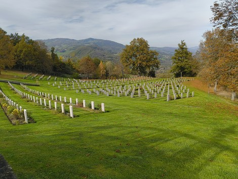 Cimitero di guerra sudafricano immerso nella natura, con fila di tombe su un terreno verde e colline sullo sfondo.
