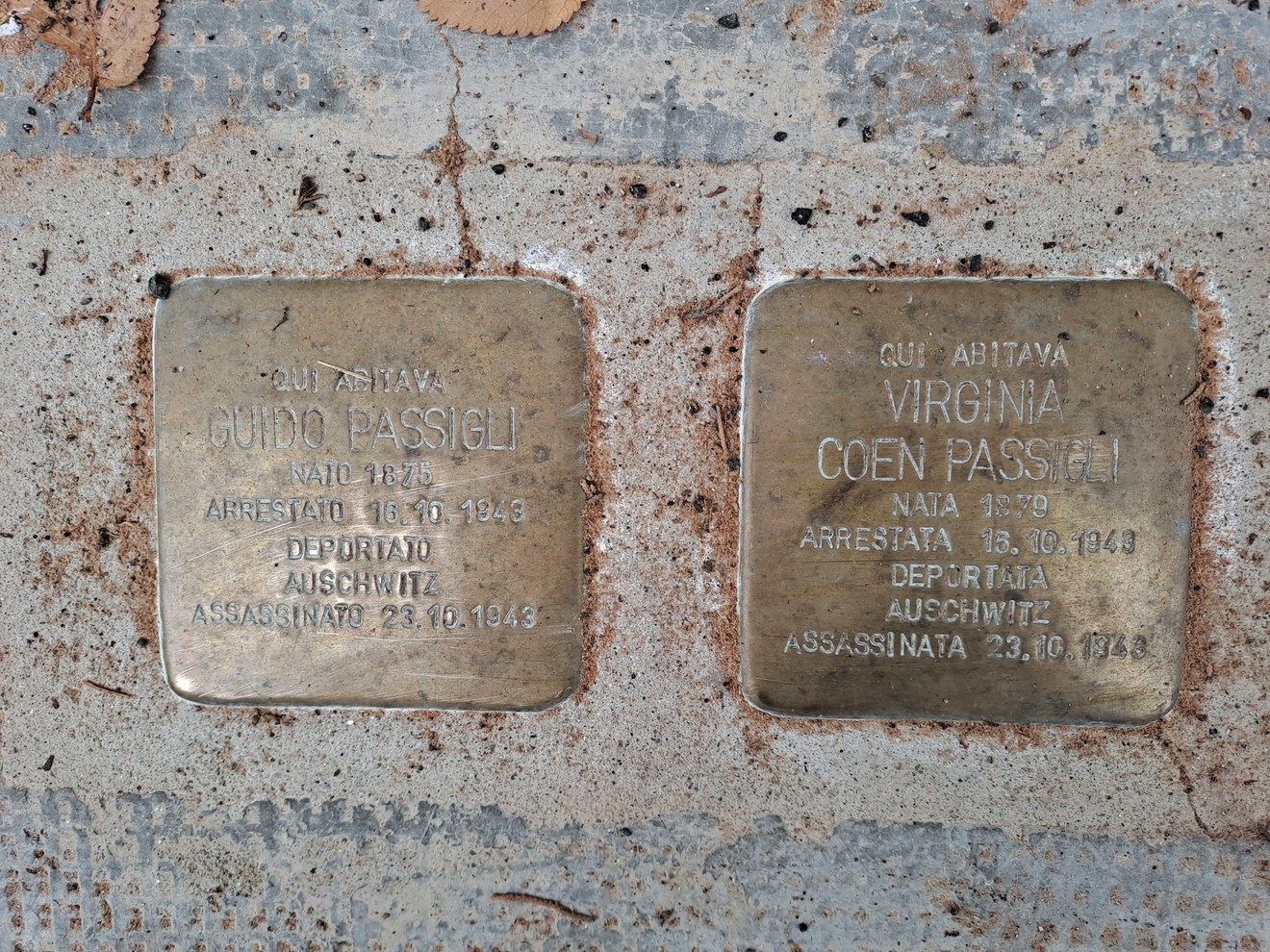 Pietre d'inciampo dedicate a Coen e Passigli, commemorano la loro deportazione e assasini avvenute ad Auschwitz.