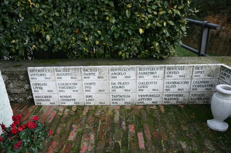 Monumento a Don Raglianti, dedicato alla memoria di figure significative, con incisioni su pietra e fiori.