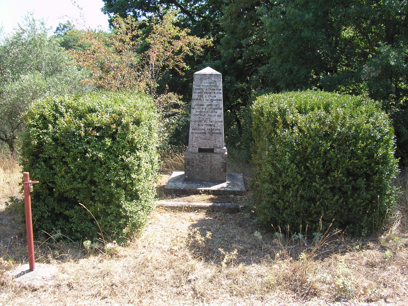 Cippo del podere Pantano circondato da siepi, immerso nella natura, simbolo di memoria storica.