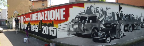 Murale commemorativo del 70° anniversario della Liberazione, realizzato nel 2015, che celebra la storia italiana.
