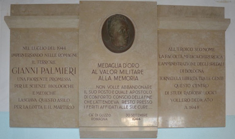 Lapide commemorativa in onore di Gianni Palmieri, con dettagli su meriti e ricordo del suo sacrificio.