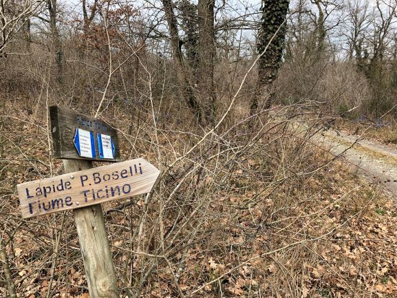 Cippo a Boselli con indicazioni per il fiume Ticino, immerso nella natura in autunno.