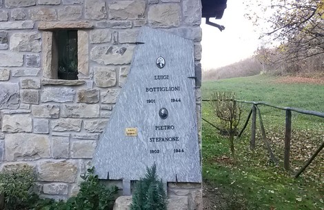 Lapide commemorativa dedicata a Luigi Bottiglioni e Pietro Stefanone, in pietra, su sfondo di campagna.
