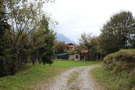 Vista panoramica di un sentiero che conduce a una casa immersa nel verde, circondata da alberi e monti.