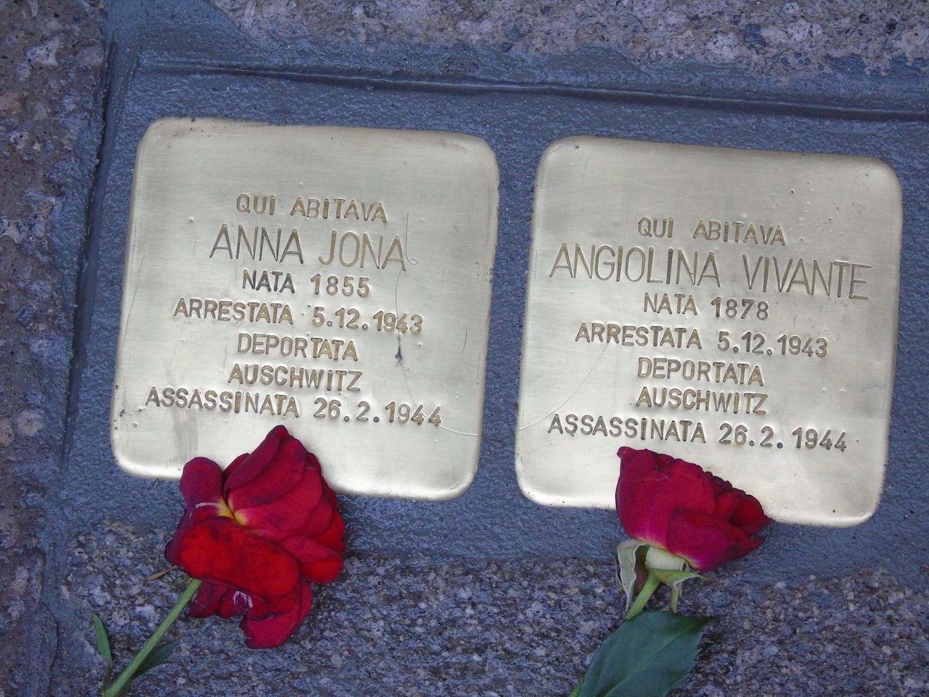 Pietre d'inciampo in memoria di Anna Jona e Angiolina Vivante, con rose rosse ai piedi.