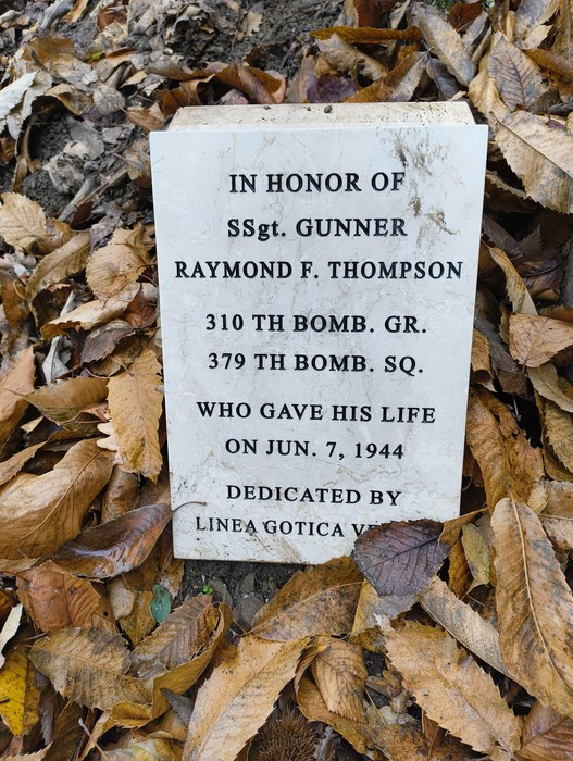 Monumento dedicato a Raymond F. Thompson, equipaggio del B25J, caduto il 7 giugno 1944. Lavoro di commemorazione.