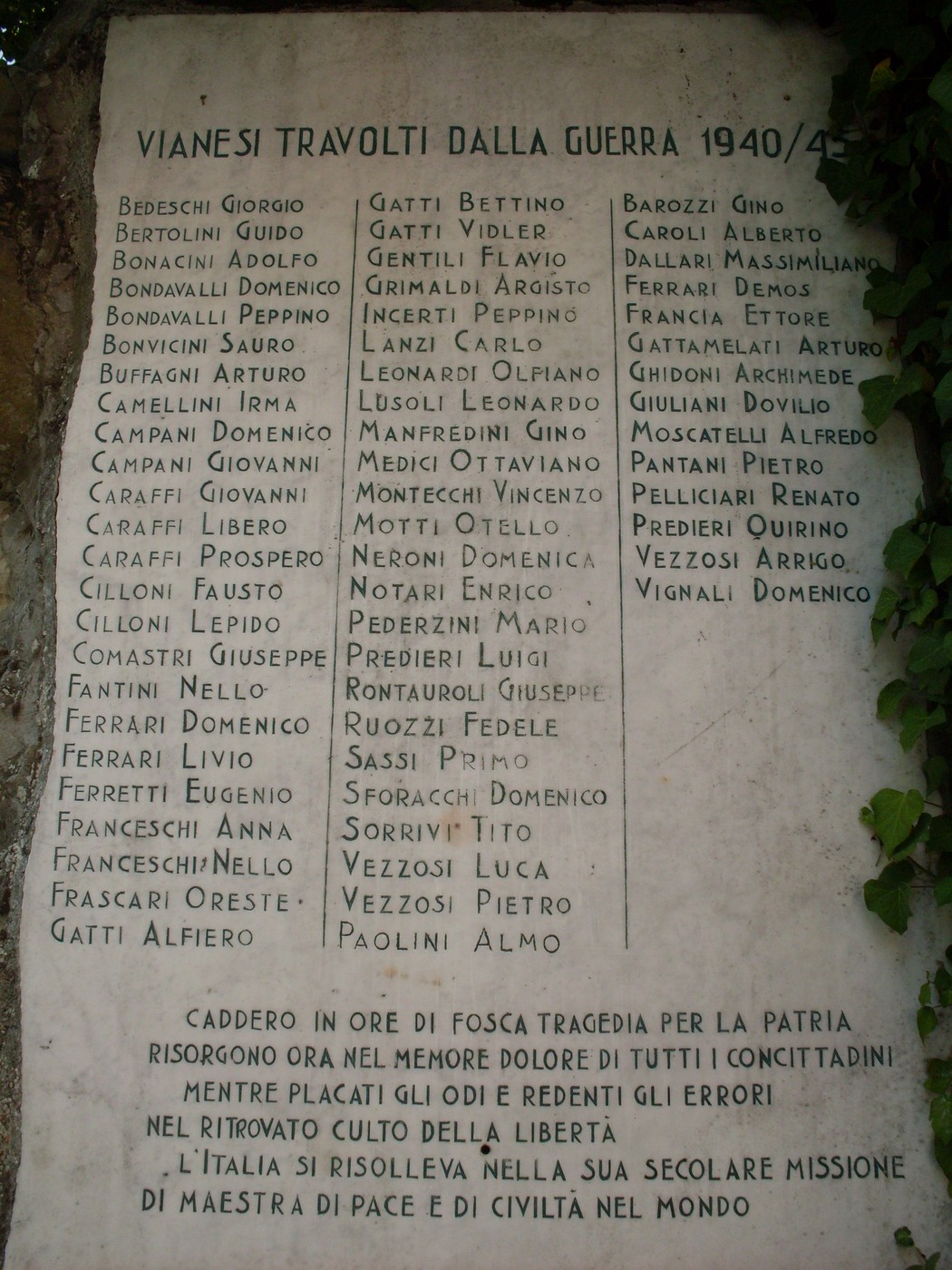 Monumento ai Caduti di Viano, commemorazione dei caduti della guerra 1940-1945, con nomi incisi in memoria.