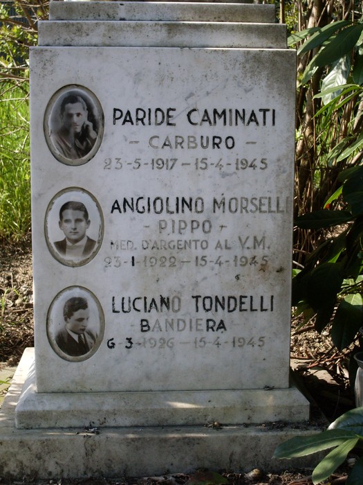 Cippo commemorativo per Cipranati, Morselli e Tondelli, onore ai caduti tra le piante commemorative.