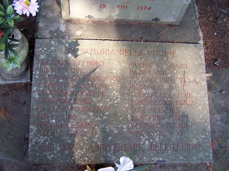 Cippo di San Quirico commemorativo delle vittime della guerra, con iscrizioni in memoria e fiori.