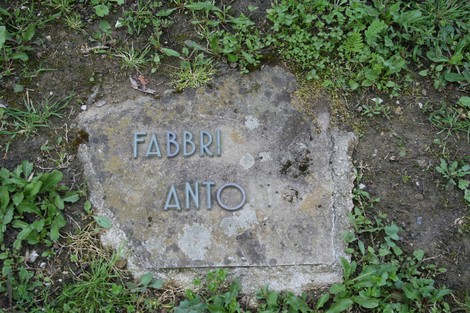 Monumento del cimitero di Stia, una semplice lapide immersa nel verde.