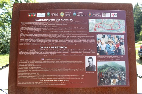 Descrizione del monumento del Colletto lungo la Strada della battaglia di Fonteno, con pannello informativo sulla resistenza.