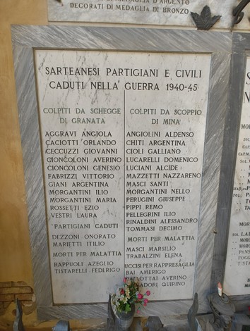 Lapidi commemorative ai caduti di Sarteano durante la Seconda Guerra Mondiale, con nomi di partigiani e civili.