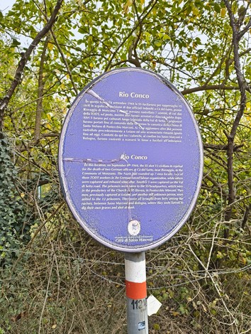 Monumento commemorativo dedicato alle vittime di Rio Conco, immerso nella natura.