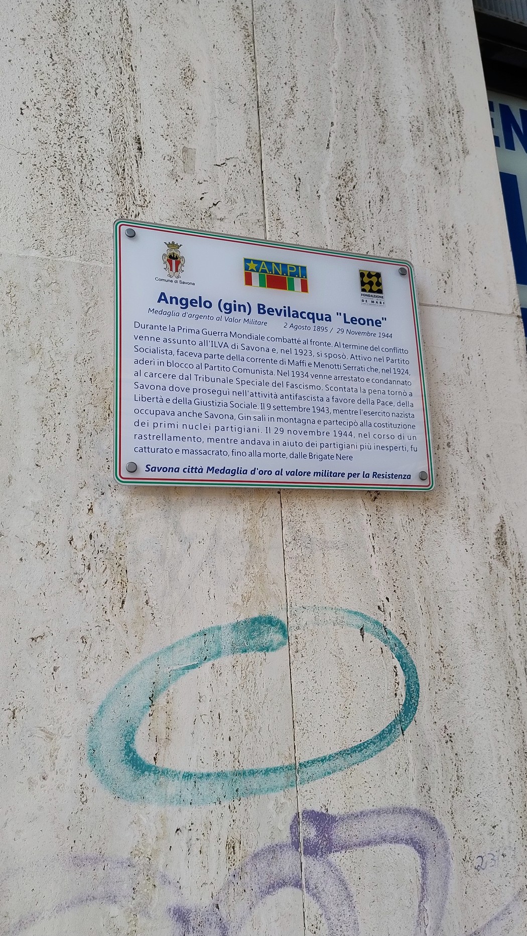 Targa a Bevilacqua, Comune di Savona (SV), foto 1
