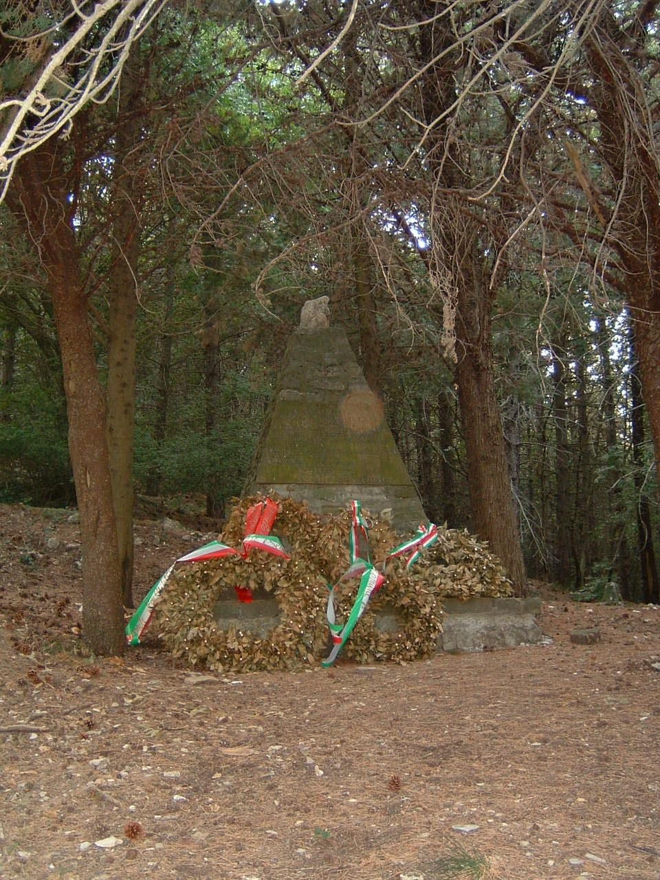 Monumento della Battaglia di Valibona, con decorazioni floreali, immerso nella vegetazione forestale circostante.