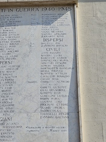 Lapide commemorativa che onora i caduti in guerra dal 1940 al 1945, con nomi incisi su pietra.