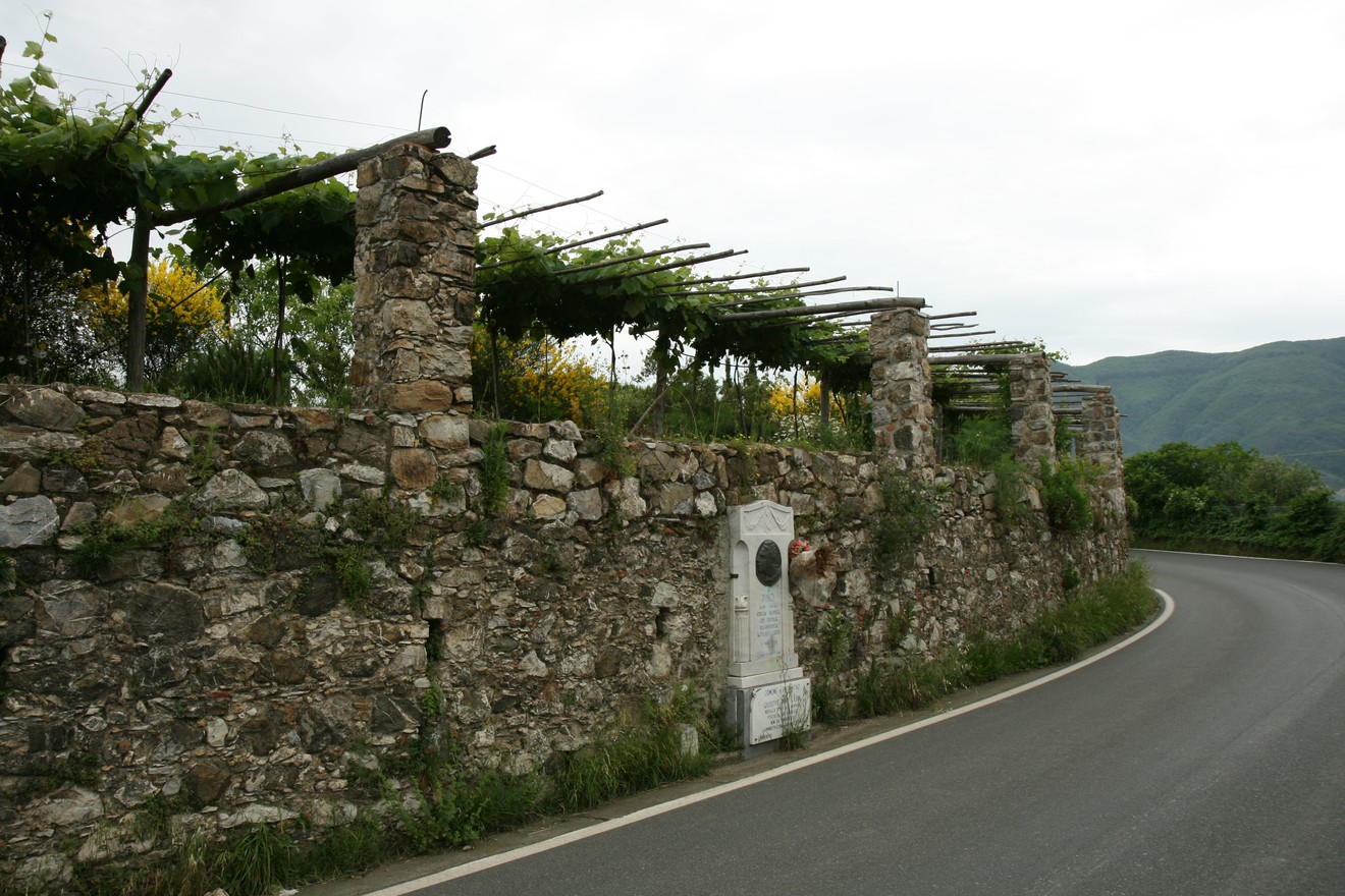 Monumento a Casini, situato lungo una strada circondata da un muretto in pietra e vigneti.