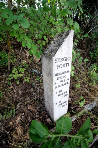 Cippo commemorativo di Sergio Forti, medaglia d'oro al valor militare, immerso nella natura.