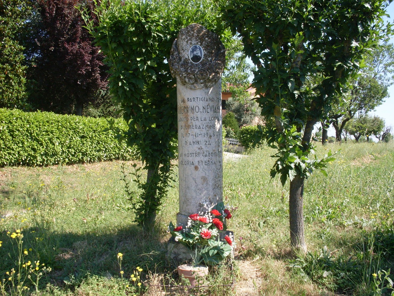 Cippo commemorativo a Neviani, circondato da verde e fiori, testimonianza storica della zona.