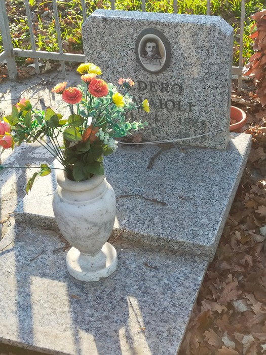Monumento a Ravaioli con fiori freschi su una lapide in un contesto naturale.