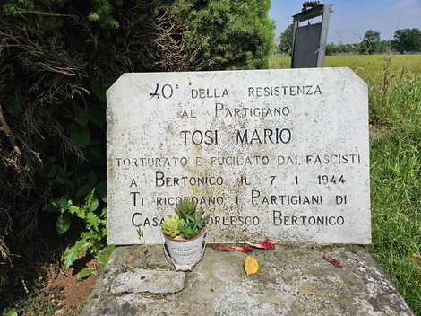 Lapide commemorativa dedicata al partigiano Tosi Mario, situata nei pressi di Bertonico.