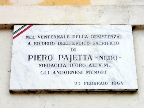 Lapide in ricordo di Piero Pajetta, medaglia d'oro al valor militare, dedicata agli andornesi. 23 febbraio 1964.