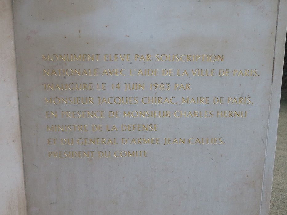 Statua commemorativa inaugurata il 14 giugno 1983 da Jacques Chirac a Parigi, in onore di eventi storici.