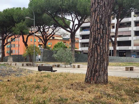 Monumento ai caduti della Montagnola inserito in un contesto urbano tra alberi e edifici residenziali.