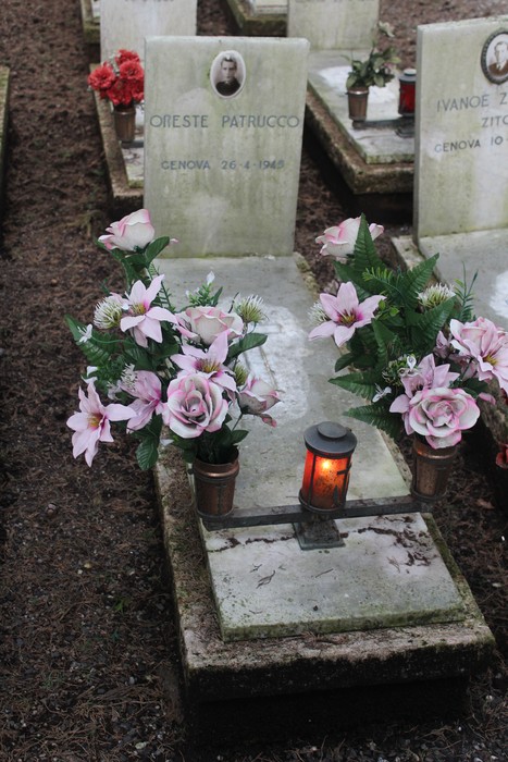Tombe perpetue di caduti per la Libertà, decorate con fiori e luci, in un cimitero tranquillo.