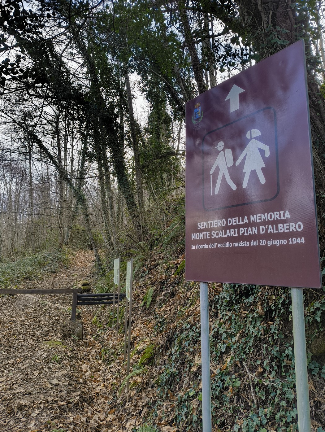 Inizio del "Sentiero della Memoria" con un pannello informativo immerso nella natura boschiva.