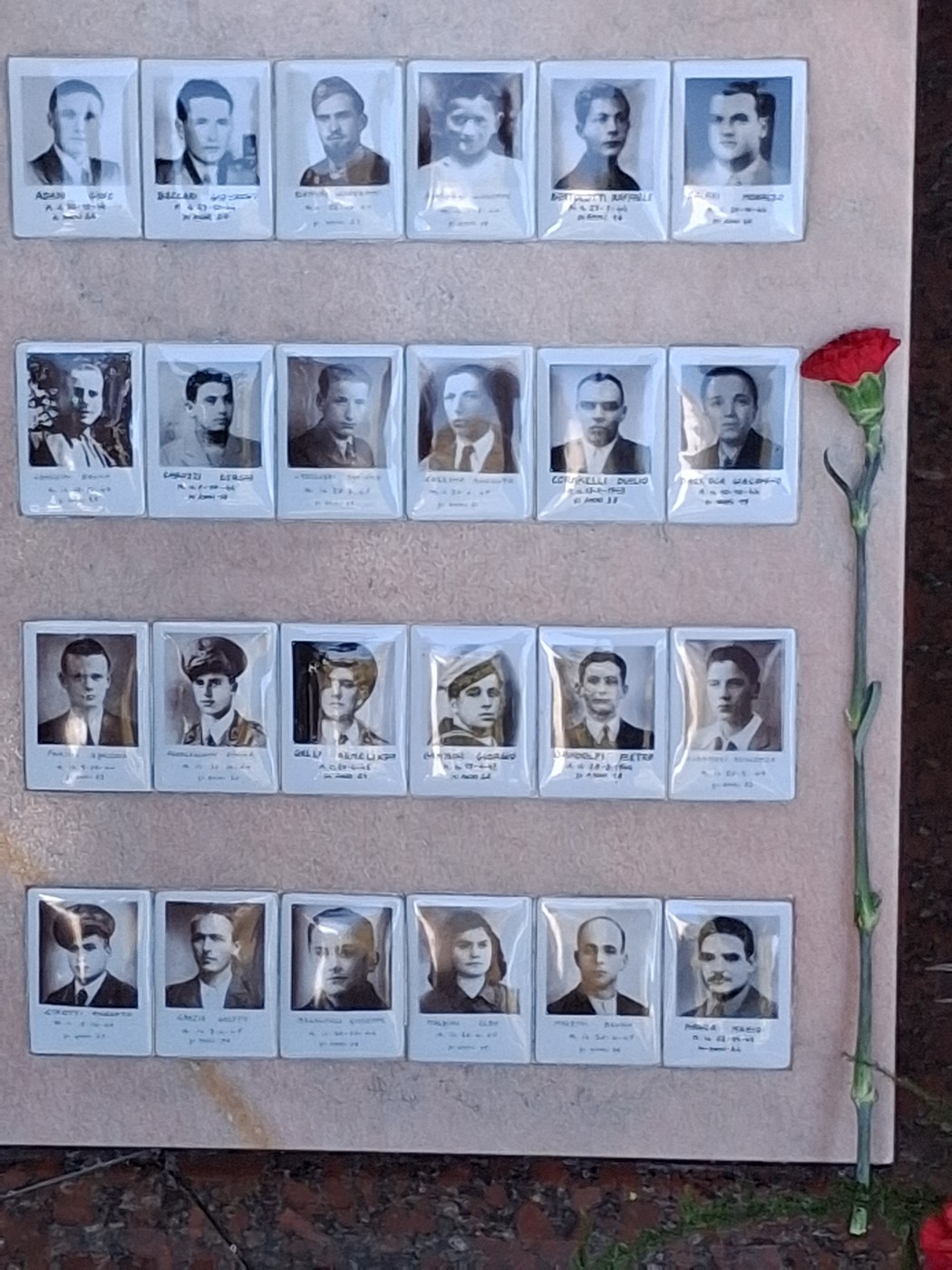 Sacrario dei Partigiani con fotografie in bianco e nero di eroi della Resistenza e un garofano rosso.