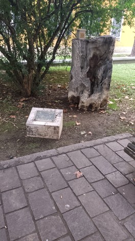 Cippo commemorativo in un giardino, circondato da vegetazione e pietre, per i colognesi deportati.