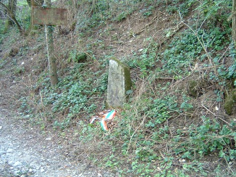 Cippo a Fedi, antico monumento in pietra immerso nella vegetazione lungo un sentiero montano.