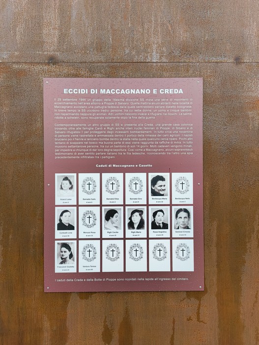 Memoriale degli eccidi di Creda, Maccagnano e Botte, commemorazione delle vittime con foto e testi descrittivi.