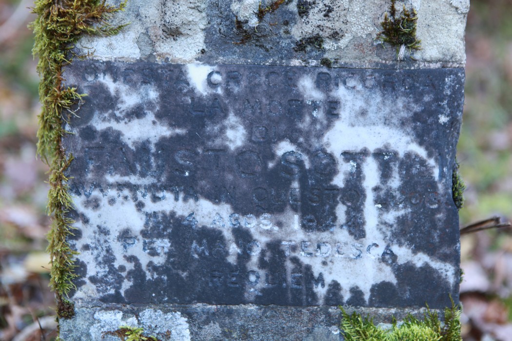 Cippo a Sottili, monumento storico immerso nella natura, con evidenti segni del tempo e licheni.
