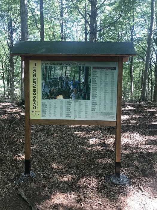 Campo del 7° battaglione "Ovidio Sabatini" immerso nel verde del bosco, un luogo di memoria e riflessione storica.