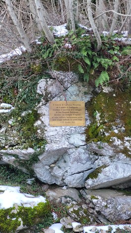 Placca commemorativa nel luogo dell'uccisione di don Buttarazzi, immerso nella natura.