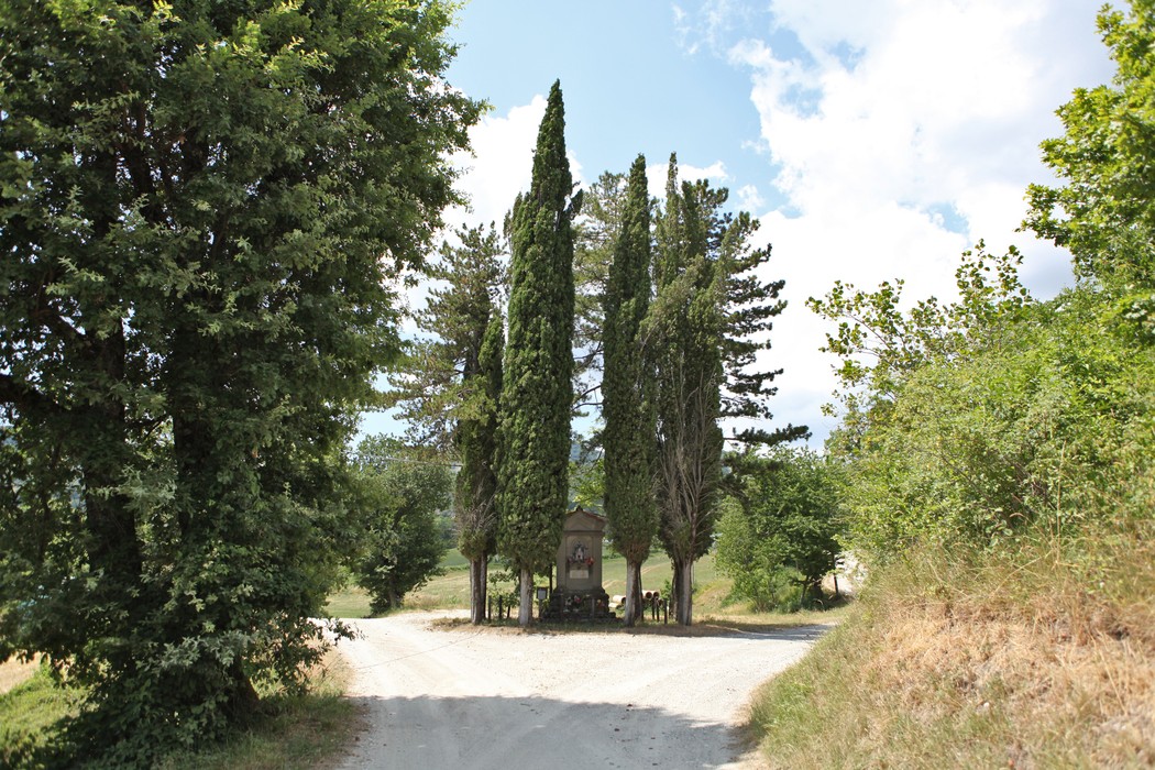 Tabernacolo di Caburaccia, incorniciato da alberi, su strada in un paesaggio suggestivo.