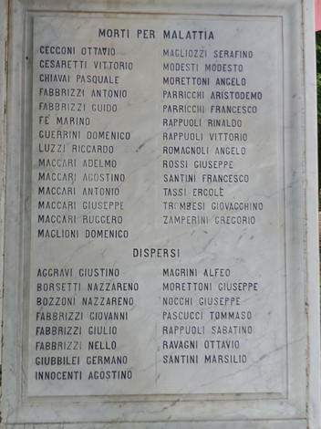 Monumento ai Caduti di Radicofani, commemorazione con nomi e date di caduti locali in marmo.