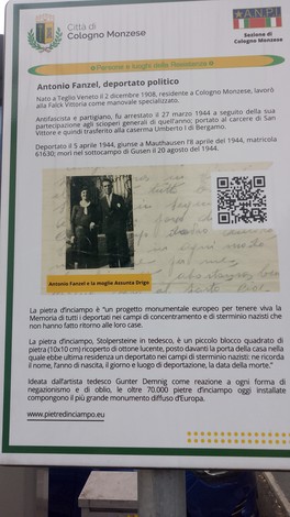 Pietra d'inciampo dedicata a Antonio Fanzel, deportato politico, a Cologno Monzese, con foto e informazioni biografiche.