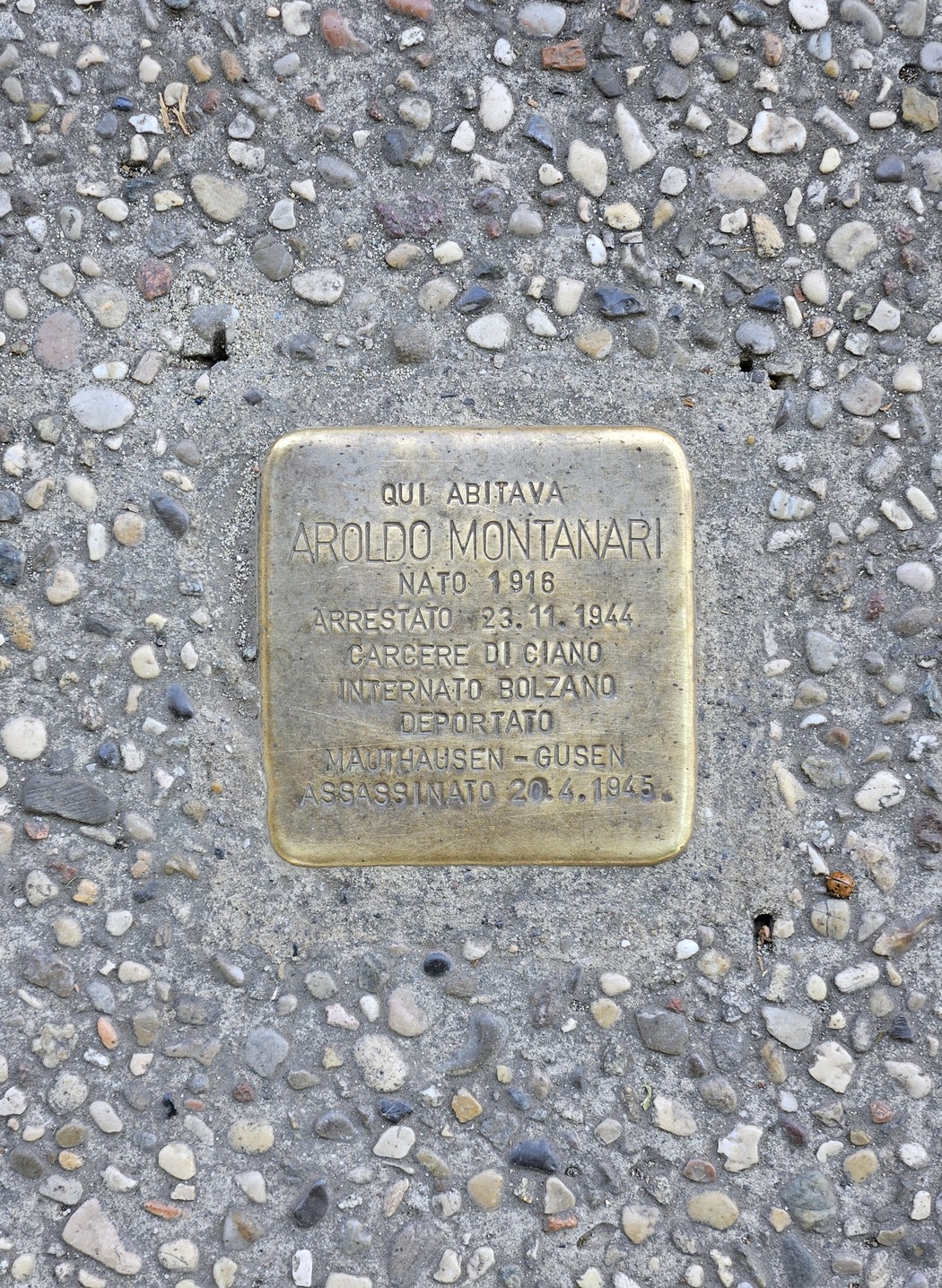 Pietra d'inciampo dedicata a Aroldo Montanari, commemorando la sua vita e deportazione durante la Seconda Guerra Mondiale.