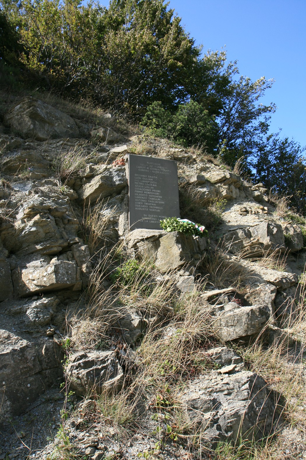 Cippo del Passo della Sambuca, monumento situato su una roccia circondato da vegetazione.