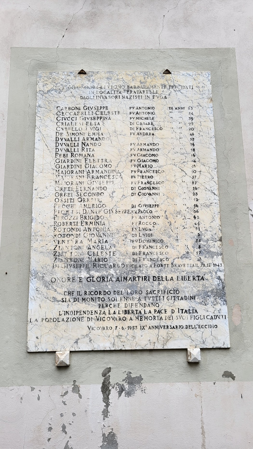 Lapide commemorativa dedicata ai martiri delle Pratarelle, onore a coloro che hanno sacrificato la vita per la libertà.