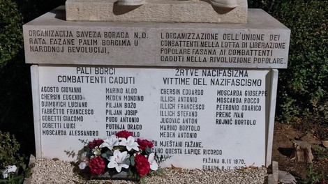 Monumento commemorativo con copia di nomi di caduti e fiori, dedicato alla lotta di liberazione.