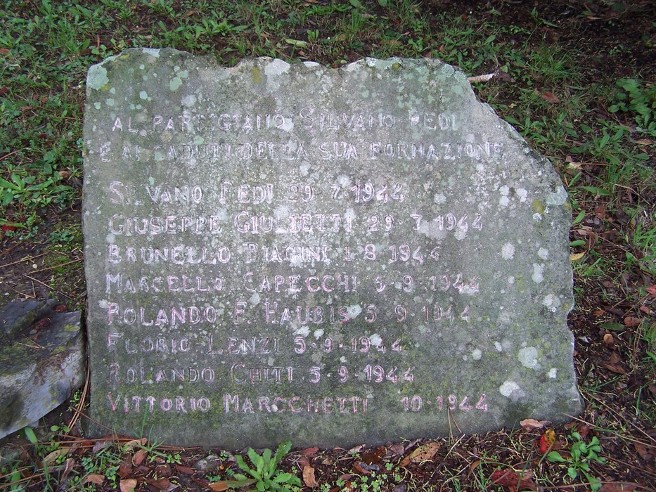 Monumento a Fedi e compagni, in memoria dei caduti, con nomi incisi su una pietra. Atmosfera di rispetto.