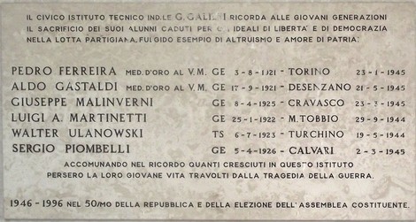 Lapide commemorativa dedicata ai caduti per la libertà dell'istituto Galilei.