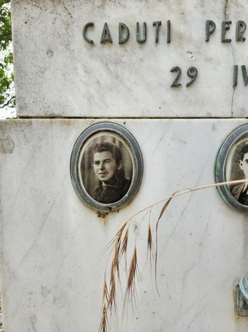 Cippo commemorativo con ritratti di soldati caduti, situato in una piazza a Meda. Dettagli in marmo e vegetazione circostante.