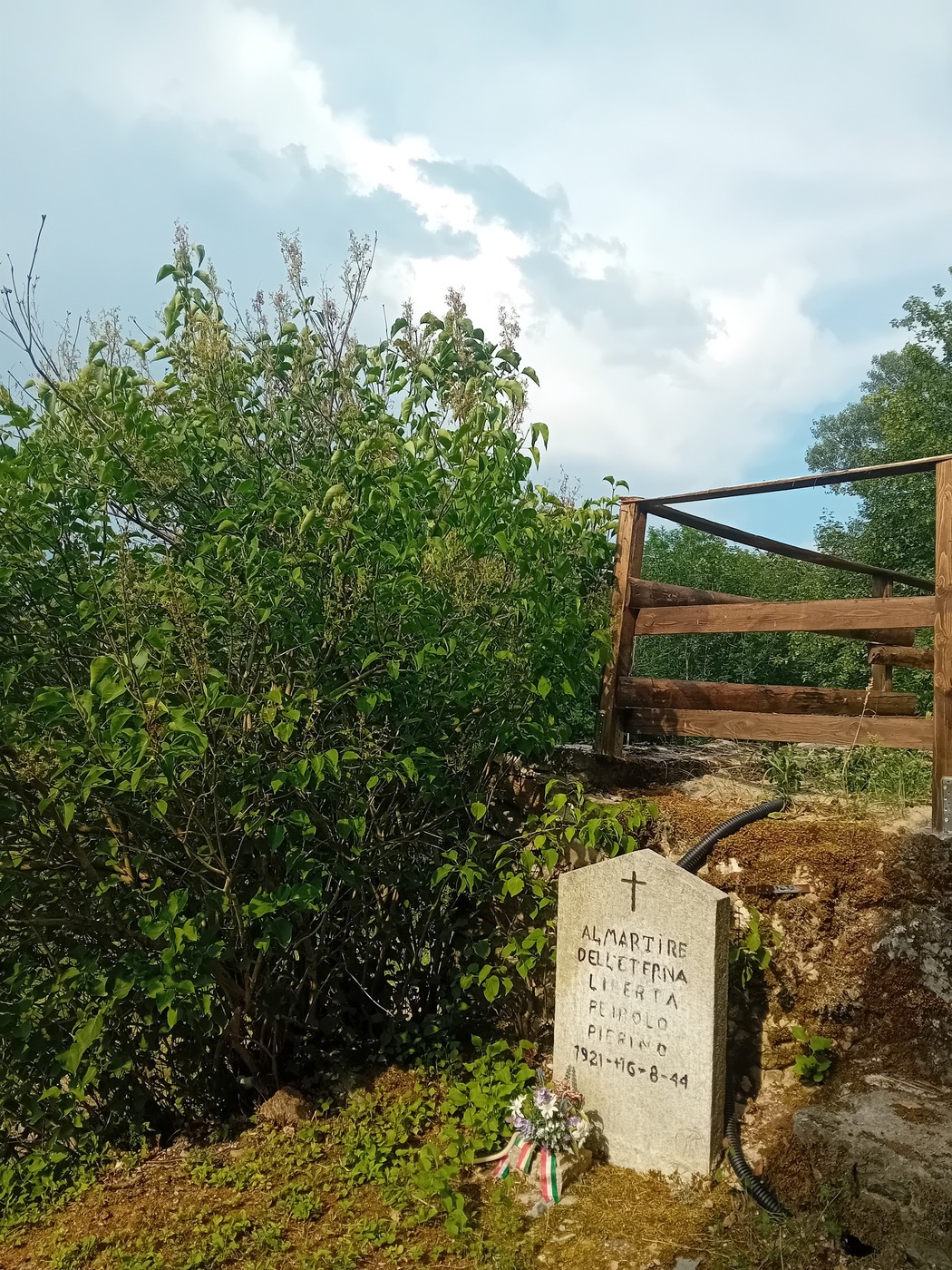 Cippo commemorativo in un'area verde, circondato da arbusti e sotto un cielo nuvoloso.