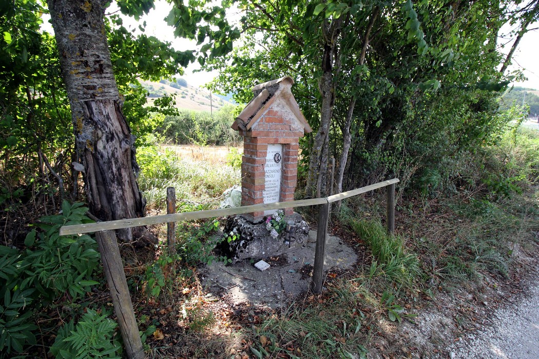 Tabernacolo dedicato a Salvatori e Consoli, immerso nella natura, ben visibile lungo un sentiero rurale.